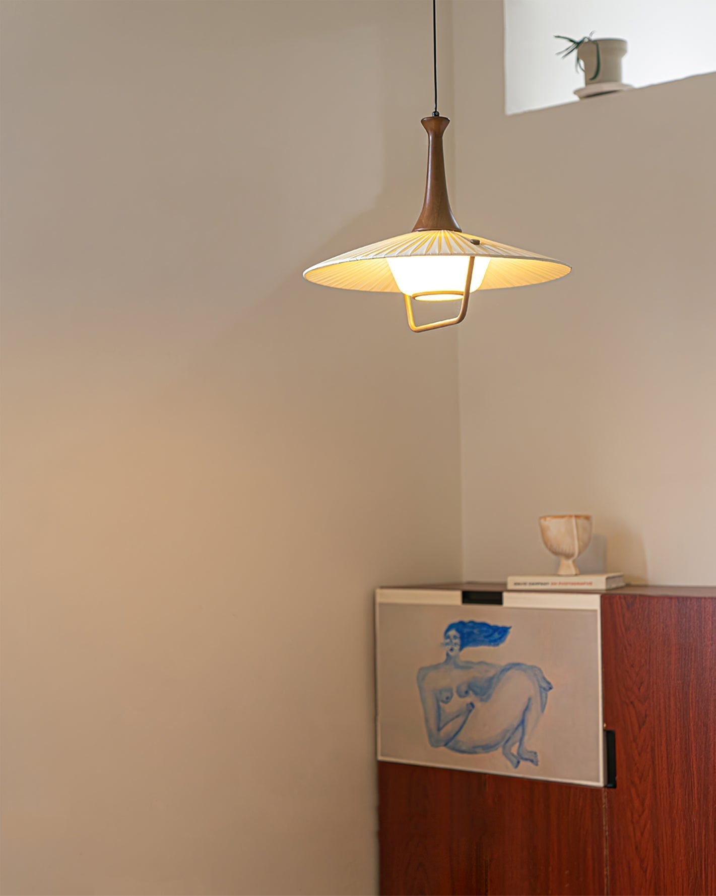 Scandinavian Eikon Hanging Pendant Lamp with Walnut Wood Neck and Fabric Shade