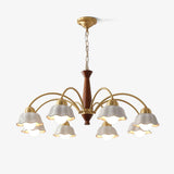 Scandinavian Mid Century Brass and Walnut Chandelier with Frosted Ceramic Shades