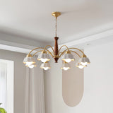 Scandinavian Mid Century Brass and Walnut Chandelier with Frosted Ceramic Shades