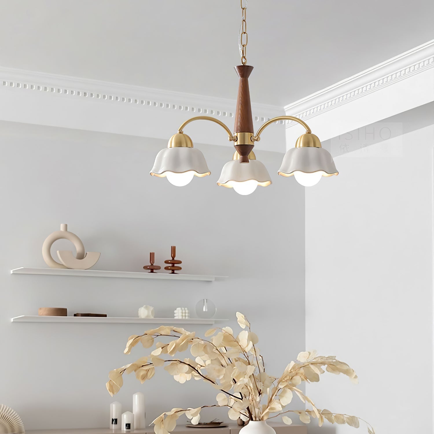 Scandinavian Mid Century Brass and Walnut Chandelier with Frosted Ceramic Shades