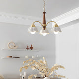 Scandinavian Mid Century Brass and Walnut Chandelier with Frosted Ceramic Shades