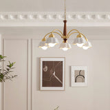 Scandinavian Mid Century Brass and Walnut Chandelier with Frosted Ceramic Shades