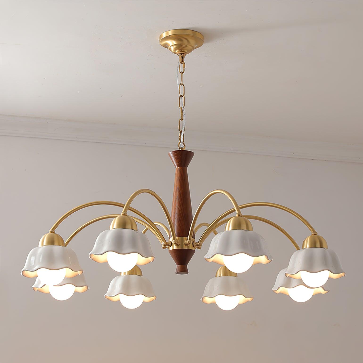 Scandinavian Mid Century Brass and Walnut Chandelier with Frosted Ceramic Shades