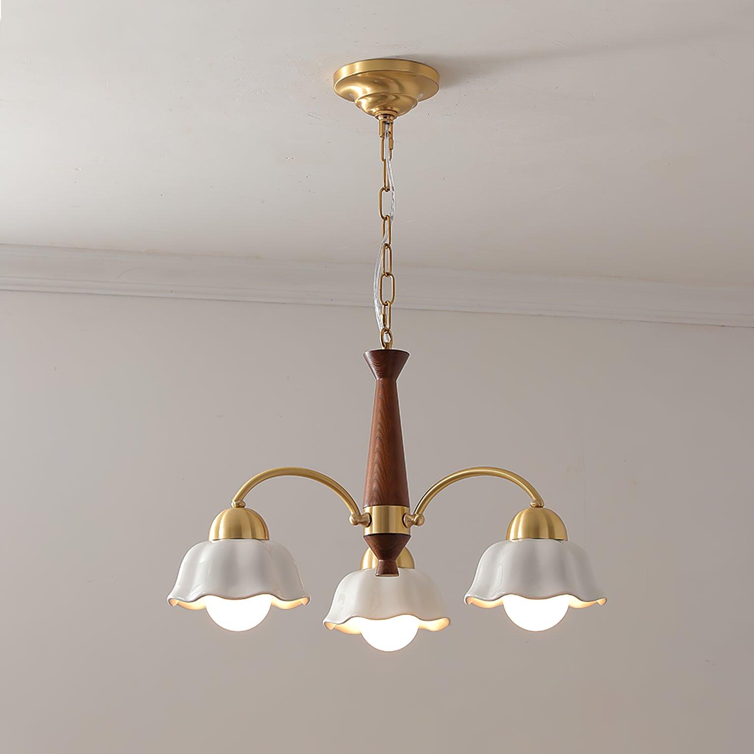 Scandinavian Mid Century Brass and Walnut Chandelier with Frosted Ceramic Shades