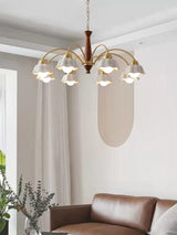 Scandinavian Mid Century Brass and Walnut Chandelier with Frosted Ceramic Shades