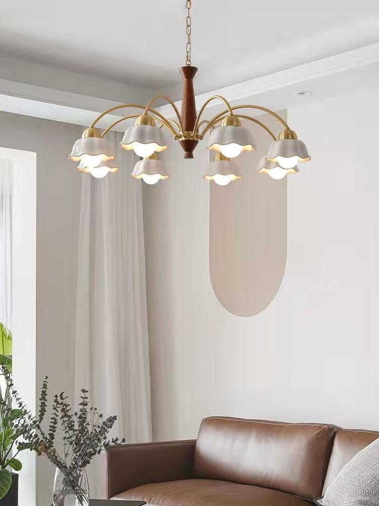 Scandinavian Mid Century Brass and Walnut Chandelier with Frosted Ceramic Shades