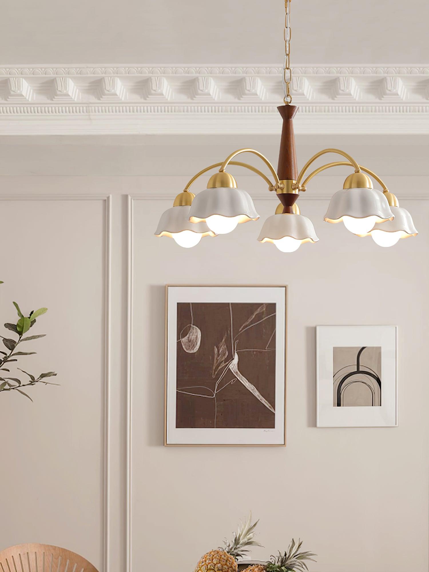 Scandinavian Mid Century Brass and Walnut Chandelier with Frosted Ceramic Shades