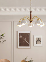 Scandinavian Mid Century Brass and Walnut Chandelier with Frosted Ceramic Shades