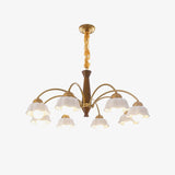 Scandinavian Mid Century Brass and Walnut Chandelier with Frosted Ceramic Shades