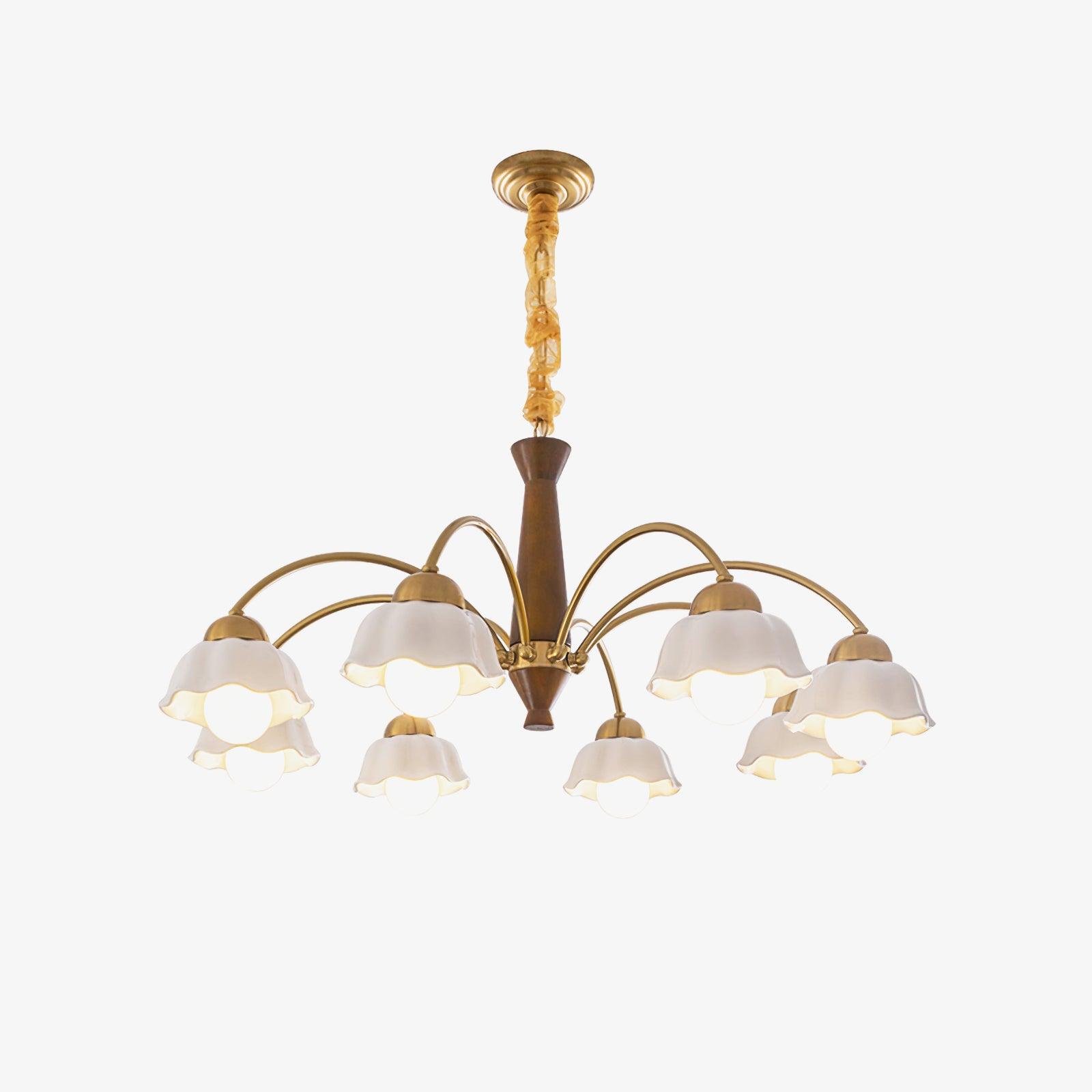 Scandinavian Mid Century Brass and Walnut Chandelier with Frosted Ceramic Shades