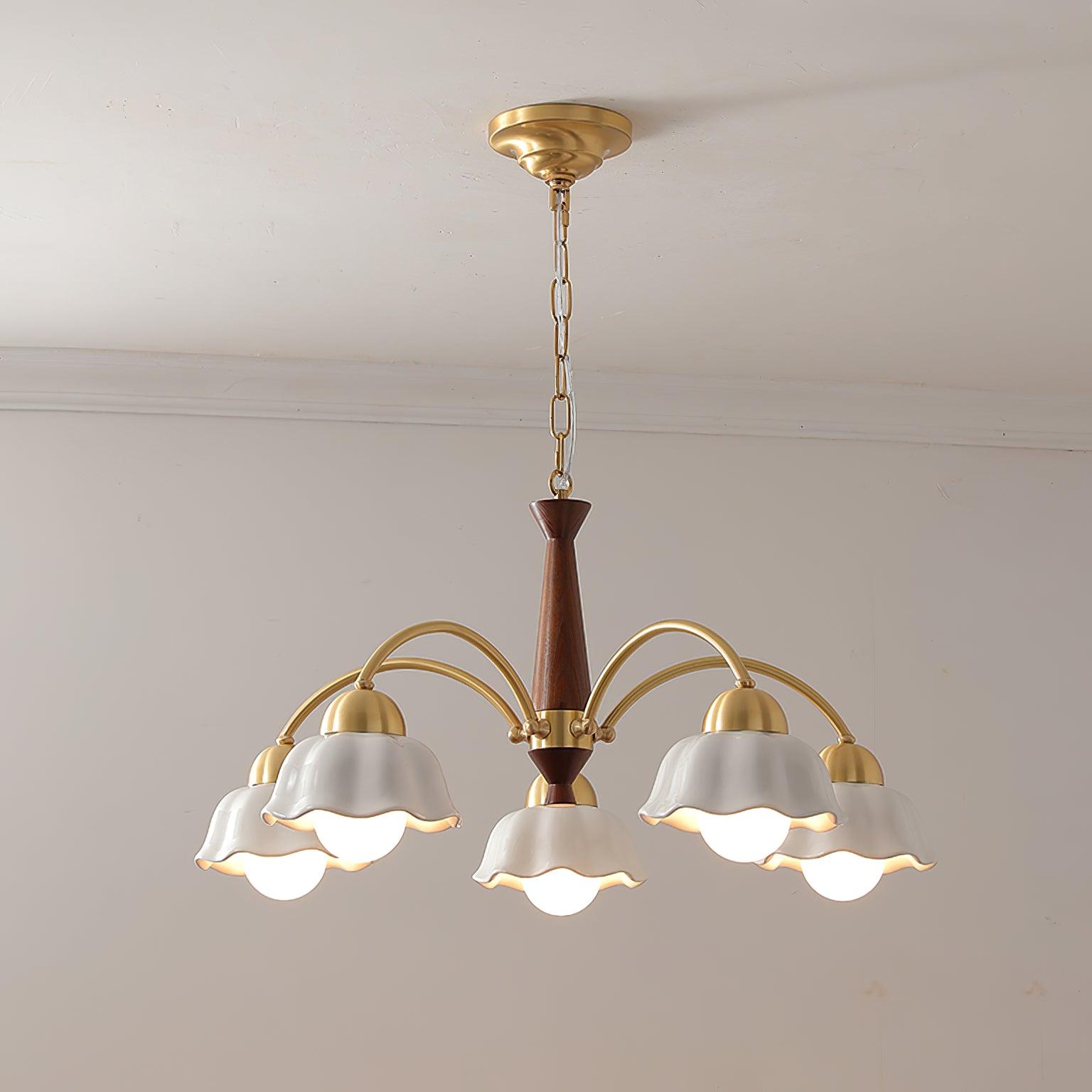 Scandinavian Mid Century Brass and Walnut Chandelier with Frosted Ceramic Shades