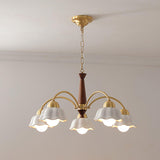 Scandinavian Mid Century Brass and Walnut Chandelier with Frosted Ceramic Shades