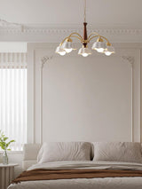 Scandinavian Mid Century Brass and Walnut Chandelier with Frosted Ceramic Shades