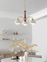 Scandinavian Mid Century Brass and Walnut Chandelier with Frosted Ceramic Shades