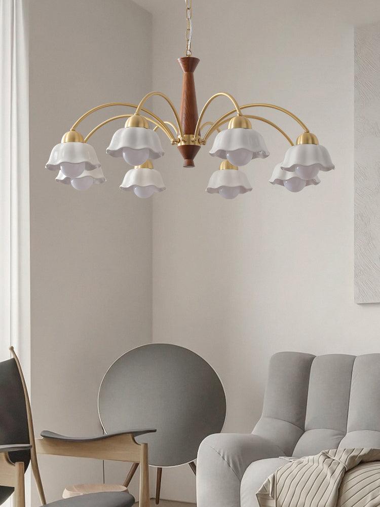 Scandinavian Mid Century Brass and Walnut Chandelier with Frosted Ceramic Shades