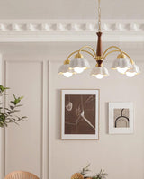 Scandinavian Mid Century Brass and Walnut Chandelier with Frosted Ceramic Shades
