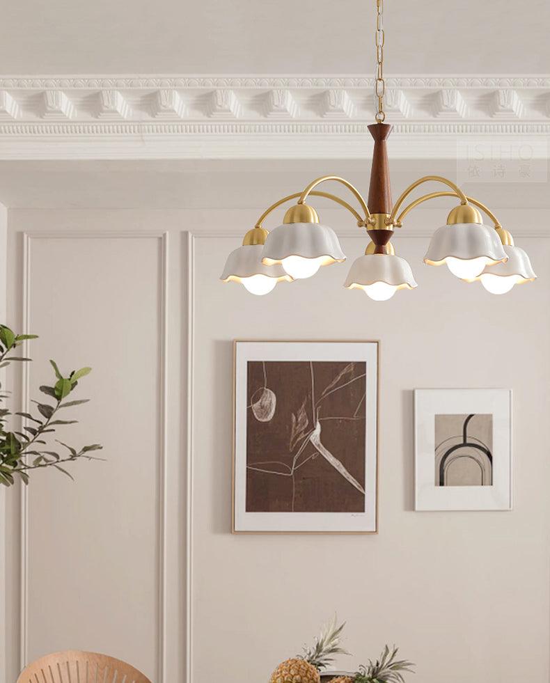Scandinavian Mid Century Brass and Walnut Chandelier with Frosted Ceramic Shades