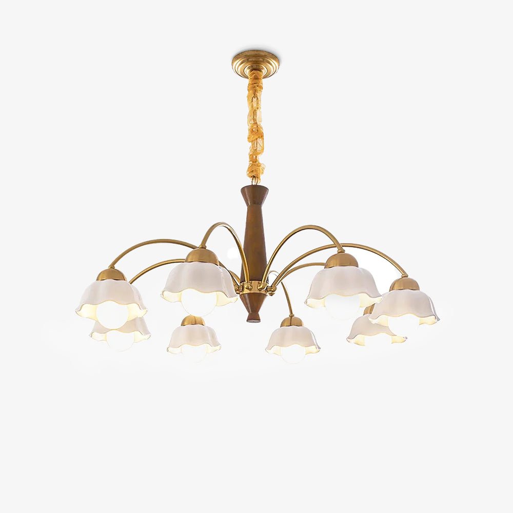 Scandinavian Mid Century Brass and Walnut Chandelier with Frosted Ceramic Shades