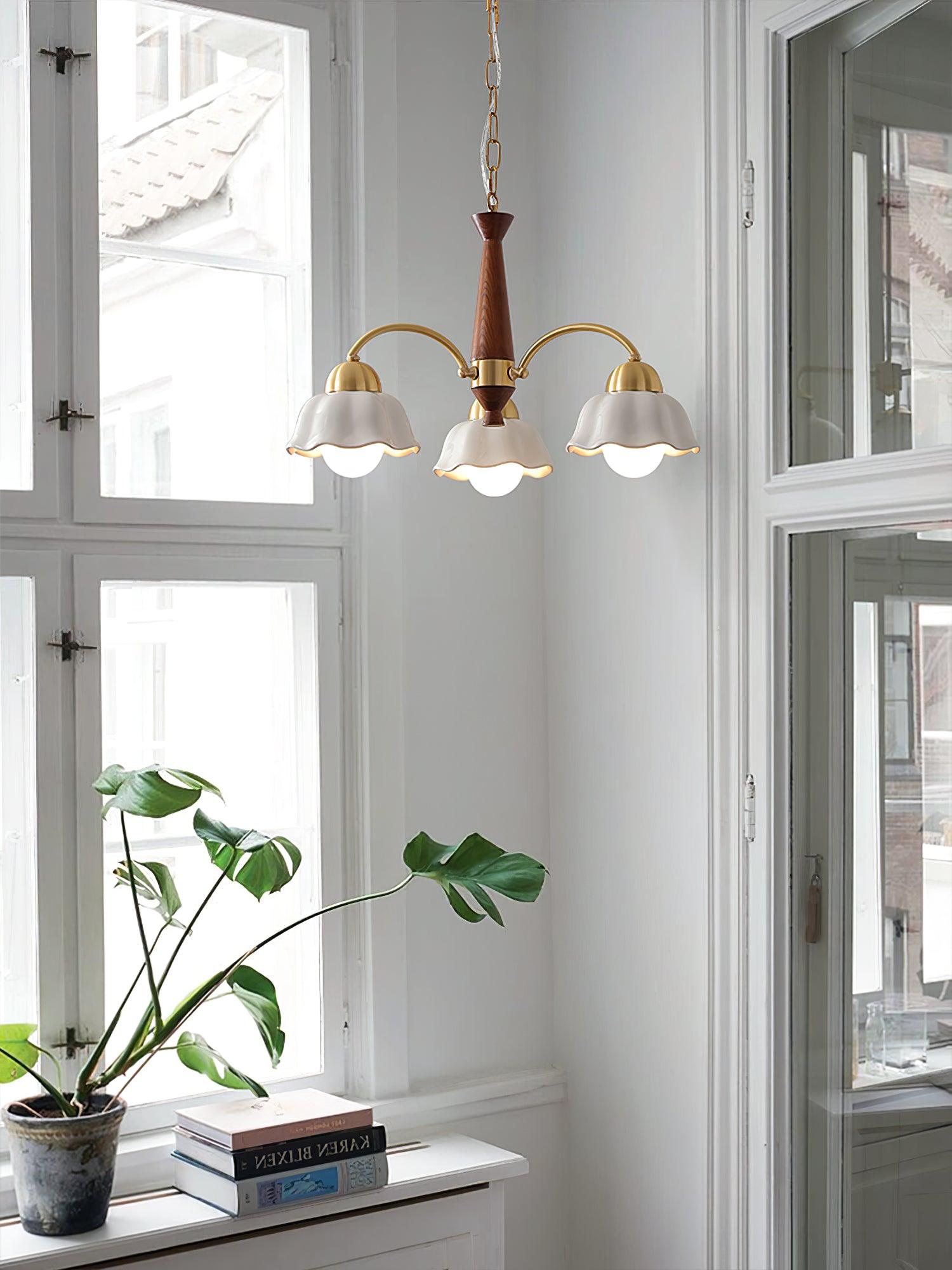 Scandinavian Mid Century Brass and Walnut Chandelier with Frosted Ceramic Shades