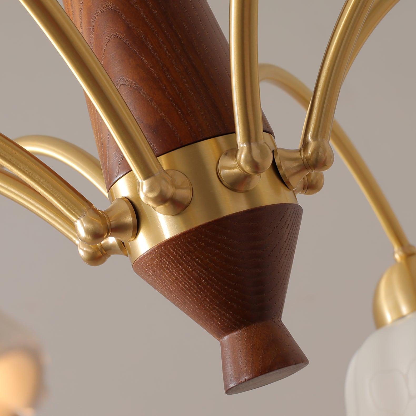 Scandinavian Mid Century Brass and Walnut Chandelier with Frosted Ceramic Shades