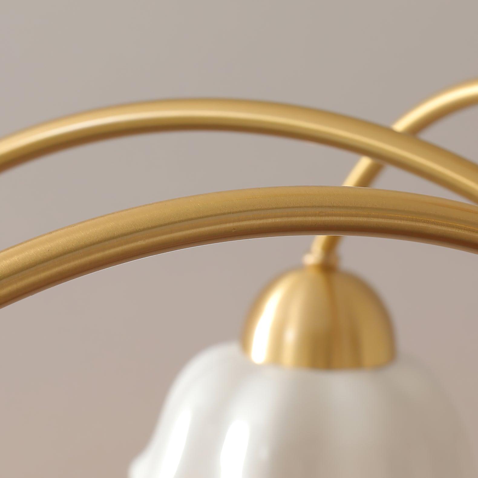 Scandinavian Mid Century Brass and Walnut Chandelier with Frosted Ceramic Shades