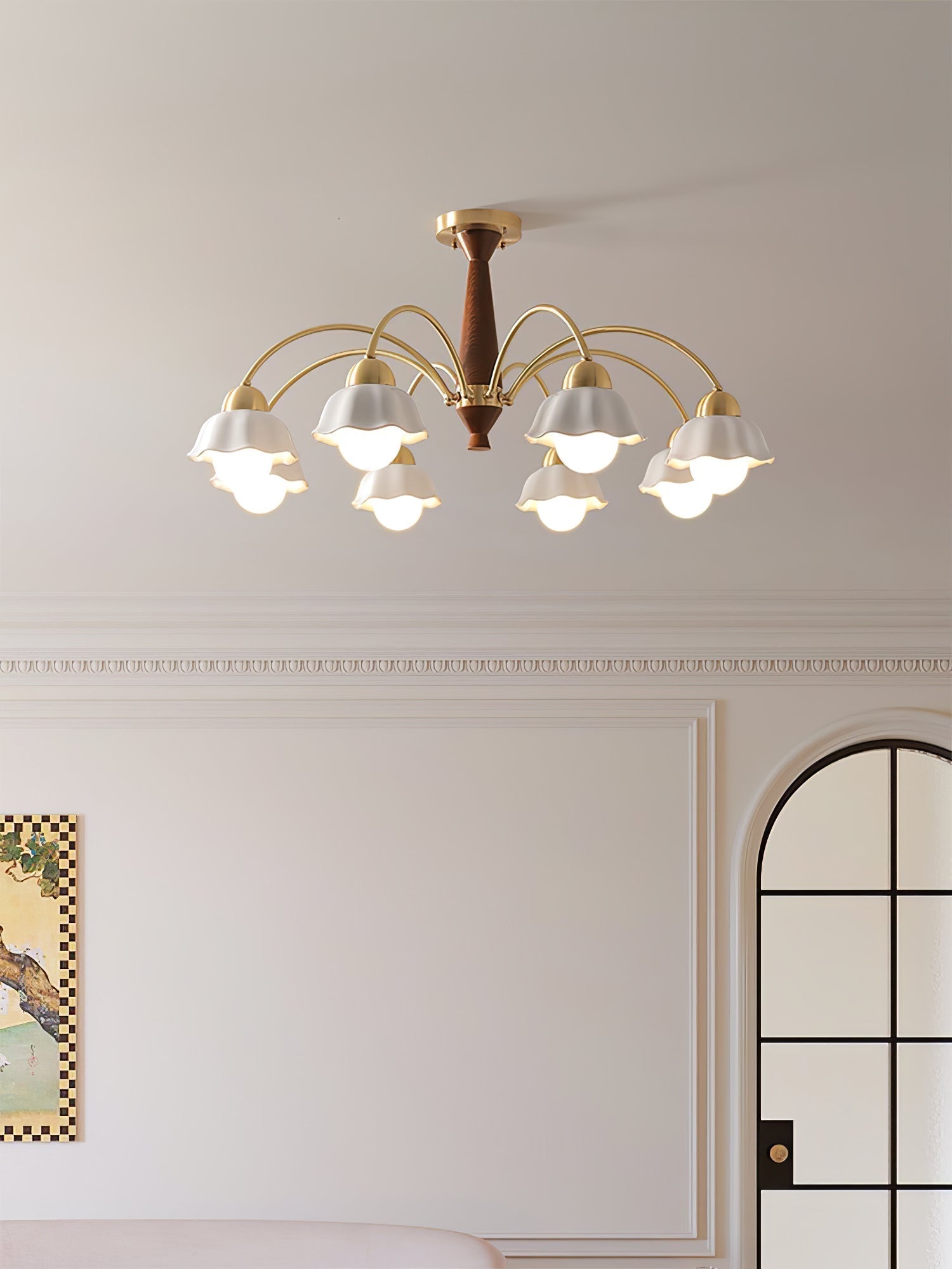Scandinavian Mid Century Brass and Walnut Chandelier with Frosted Ceramic Shades