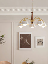 Scandinavian Mid Century Brass and Walnut Chandelier with Frosted Ceramic Shades