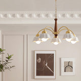 Scandinavian Mid Century Brass and Walnut Chandelier with Frosted Ceramic Shades