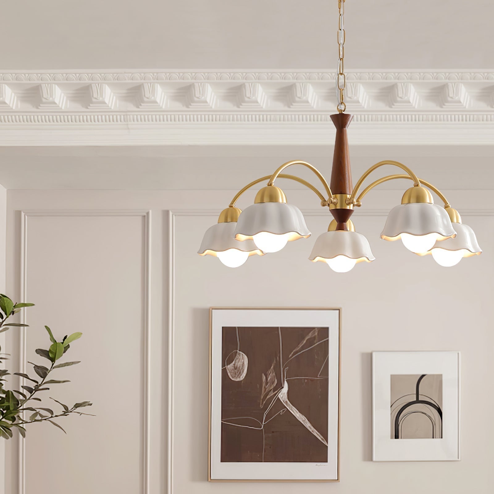 Scandinavian Mid Century Brass and Walnut Chandelier with Frosted Ceramic Shades