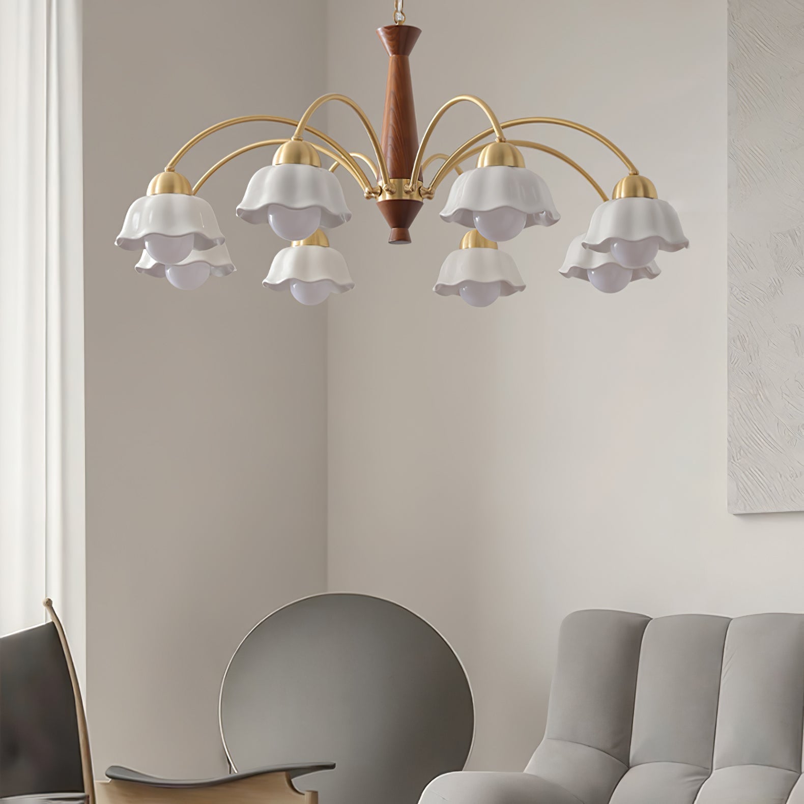 Scandinavian Mid Century Brass and Walnut Chandelier with Frosted Ceramic Shades