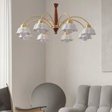 Scandinavian Mid Century Brass and Walnut Chandelier with Frosted Ceramic Shades