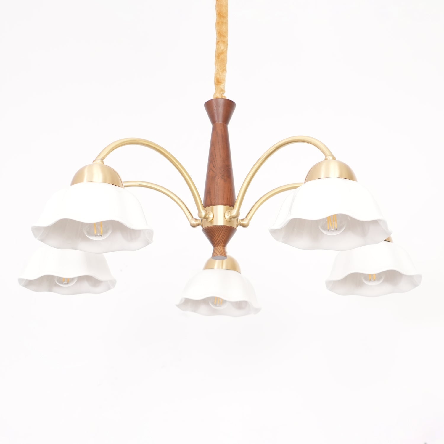 Scandinavian Mid Century Brass and Walnut Chandelier with Frosted Ceramic Shades