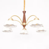 Scandinavian Mid Century Brass and Walnut Chandelier with Frosted Ceramic Shades