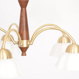 Scandinavian Mid Century Brass and Walnut Chandelier with Frosted Ceramic Shades