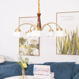 Scandinavian Mid Century Brass and Walnut Chandelier with Frosted Ceramic Shades
