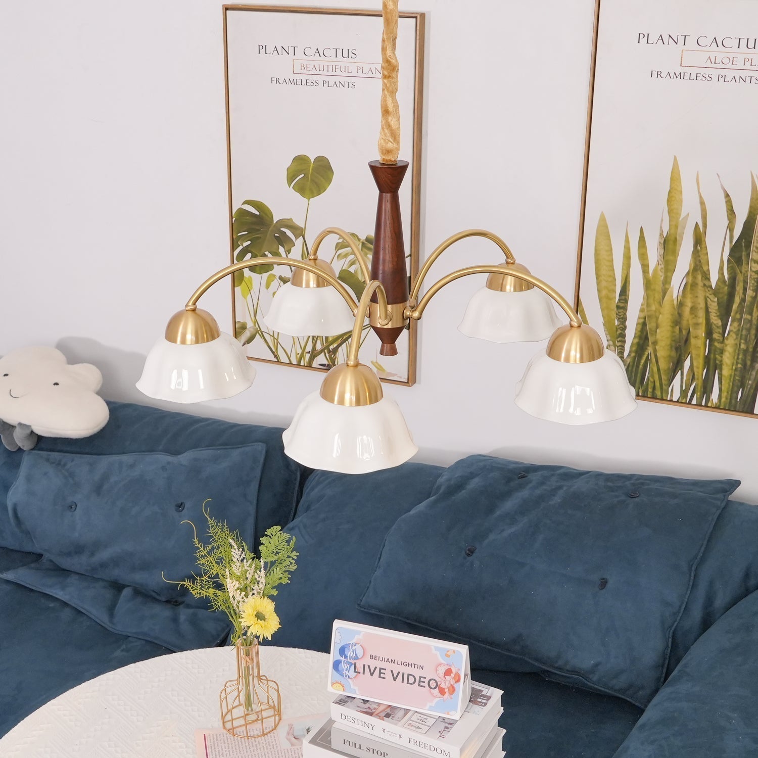 Scandinavian Mid Century Brass and Walnut Chandelier with Frosted Ceramic Shades