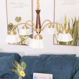 Scandinavian Mid Century Brass and Walnut Chandelier with Frosted Ceramic Shades