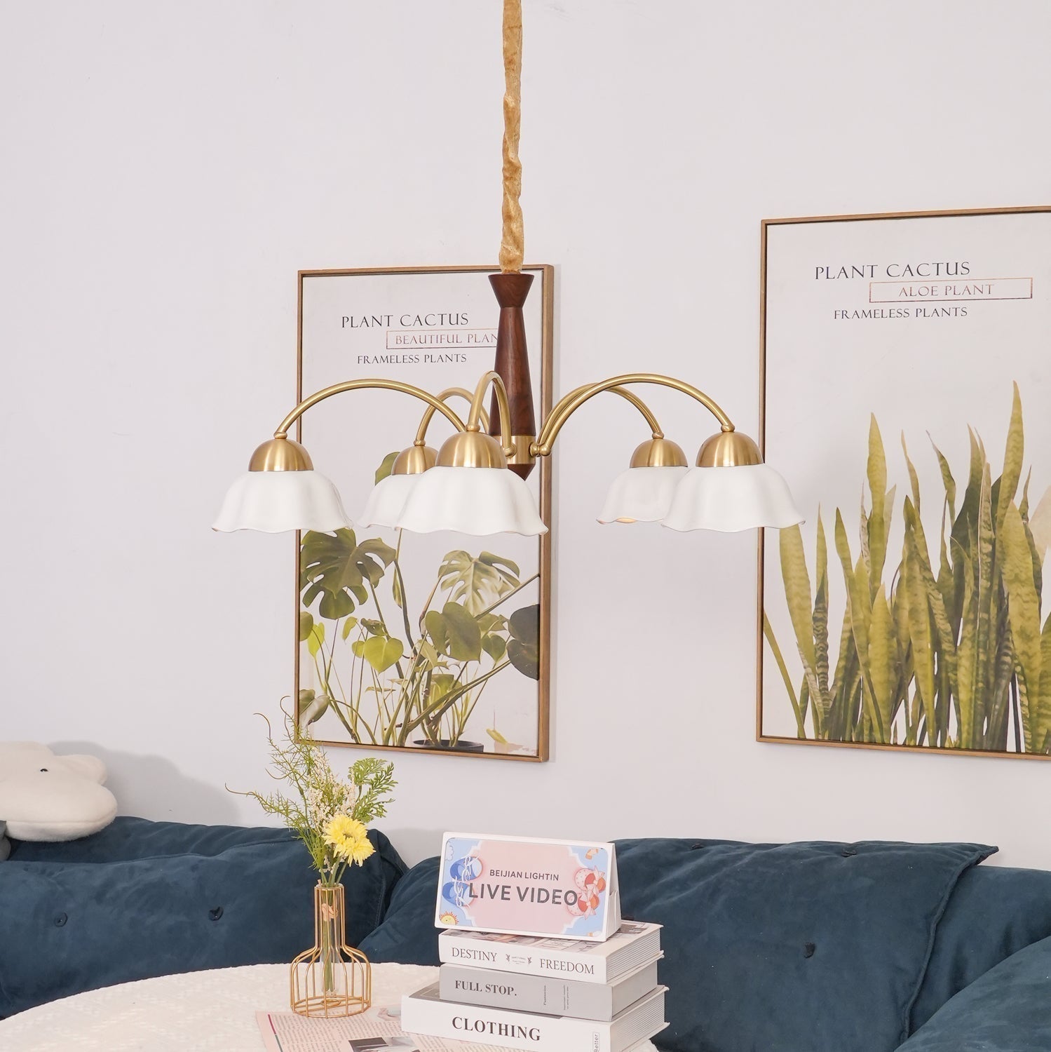 Scandinavian Mid Century Brass and Walnut Chandelier with Frosted Ceramic Shades