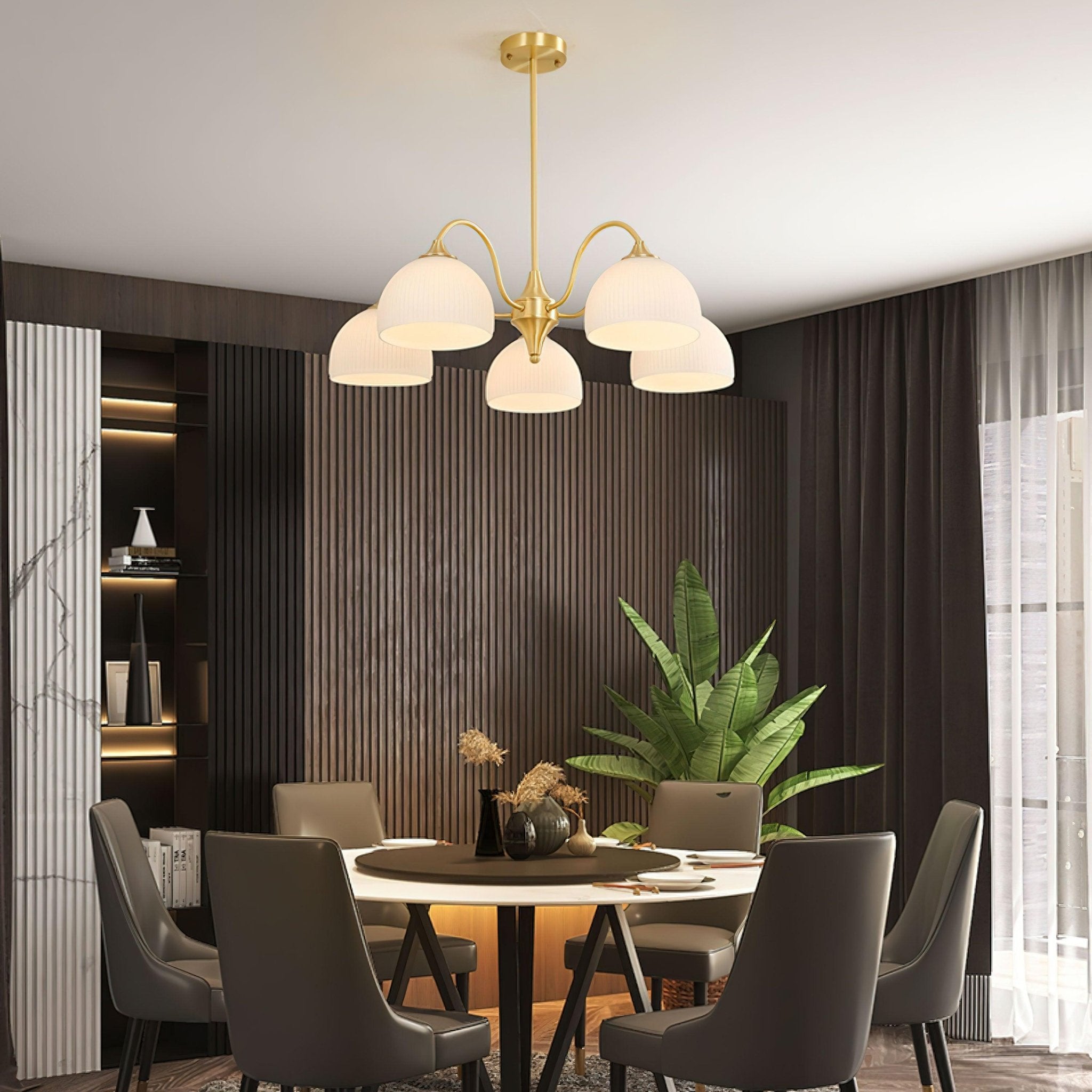 Scandinavian Striped Glass Bowl Chandelier Modern Gold Pendant Light for Dining Room