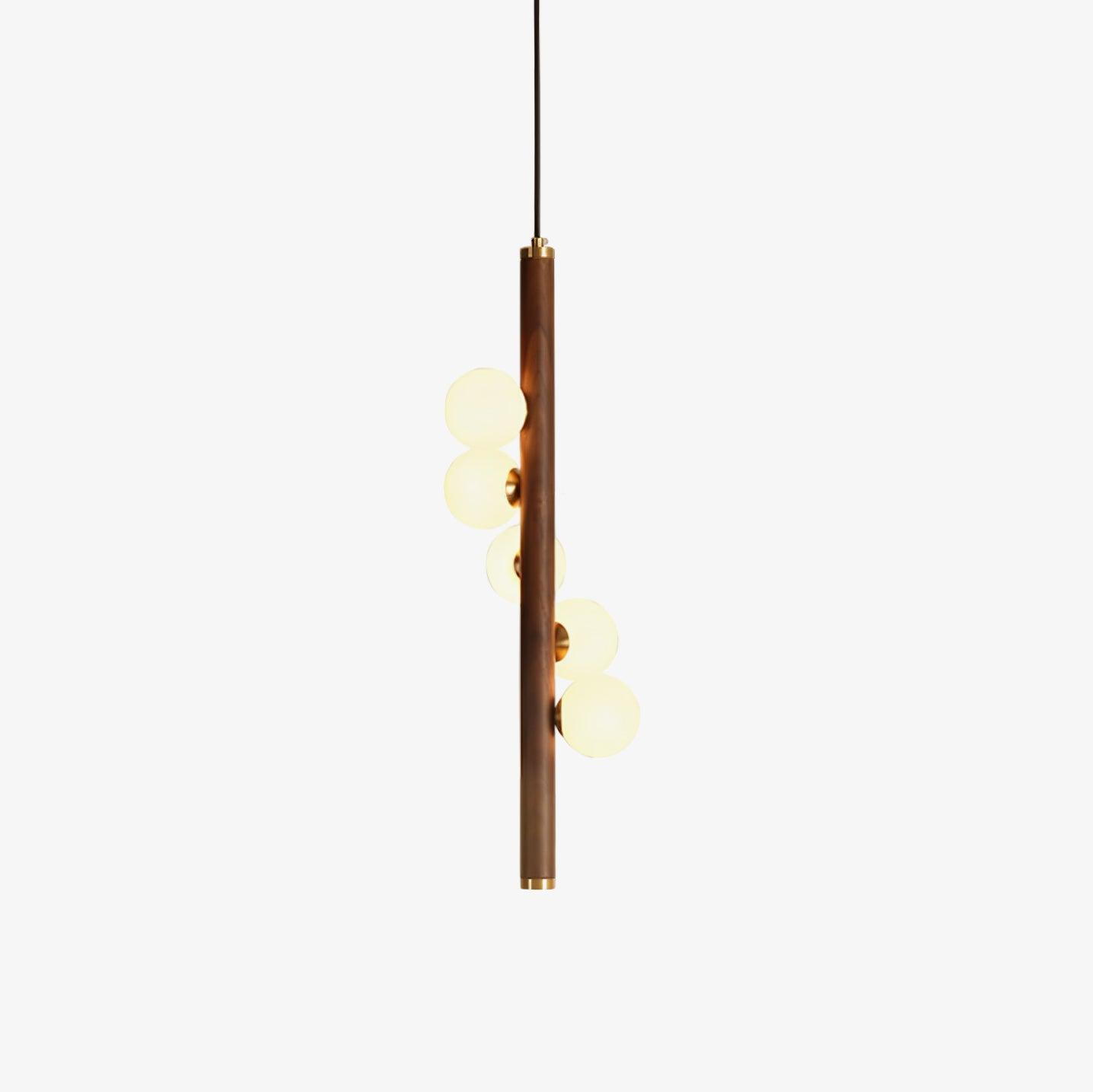 Scandinavian Vertical Wood Column Pendant Light with White Glass Orbs for Modern Home Decor