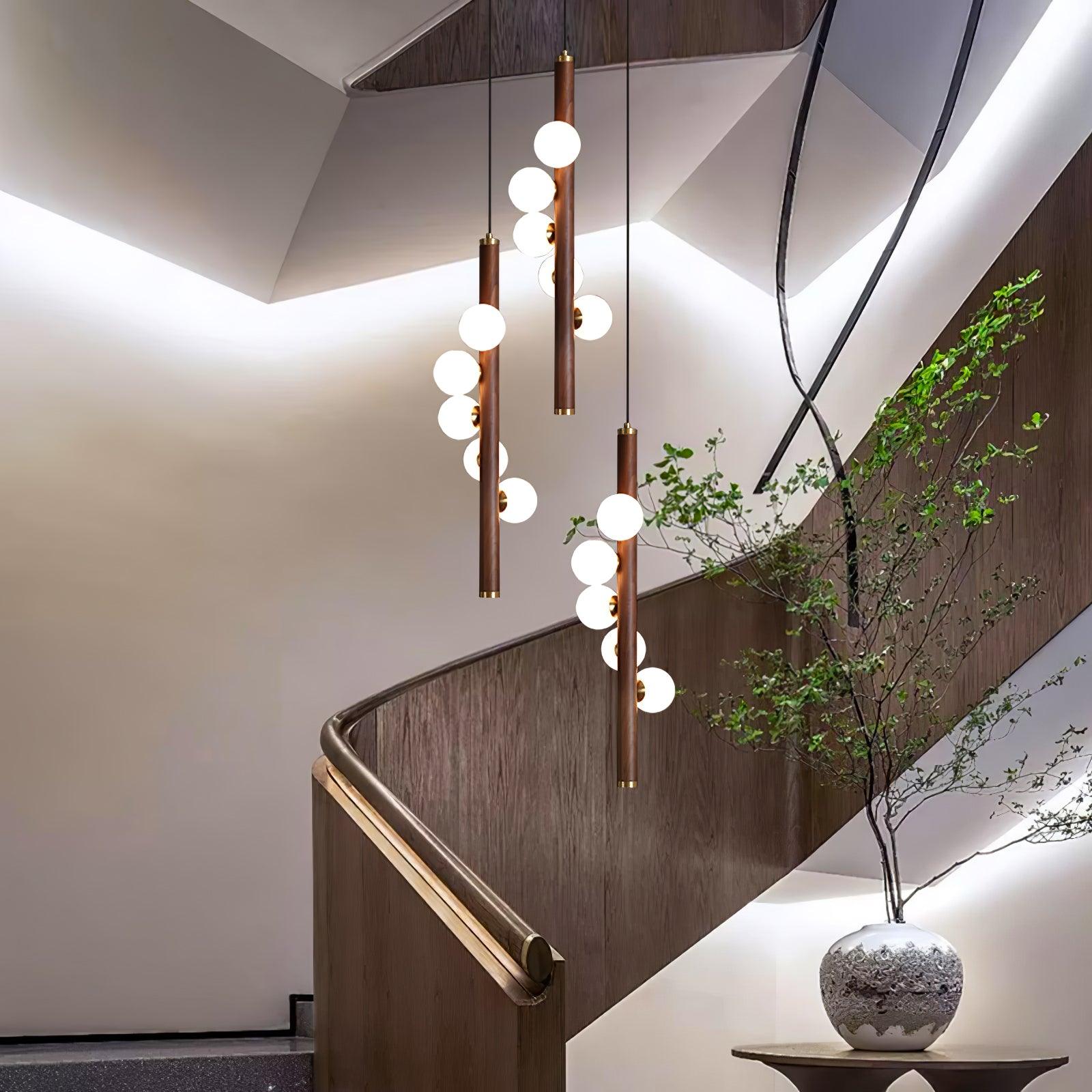 Scandinavian Vertical Wood Column Pendant Light with White Glass Orbs for Modern Home Decor
