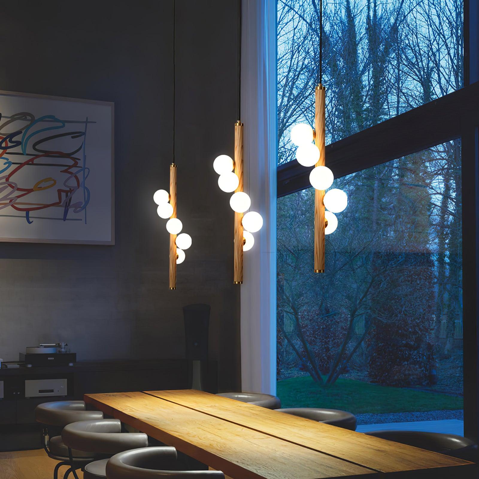 Scandinavian Vertical Wood Column Pendant Light with White Glass Orbs for Modern Home Decor