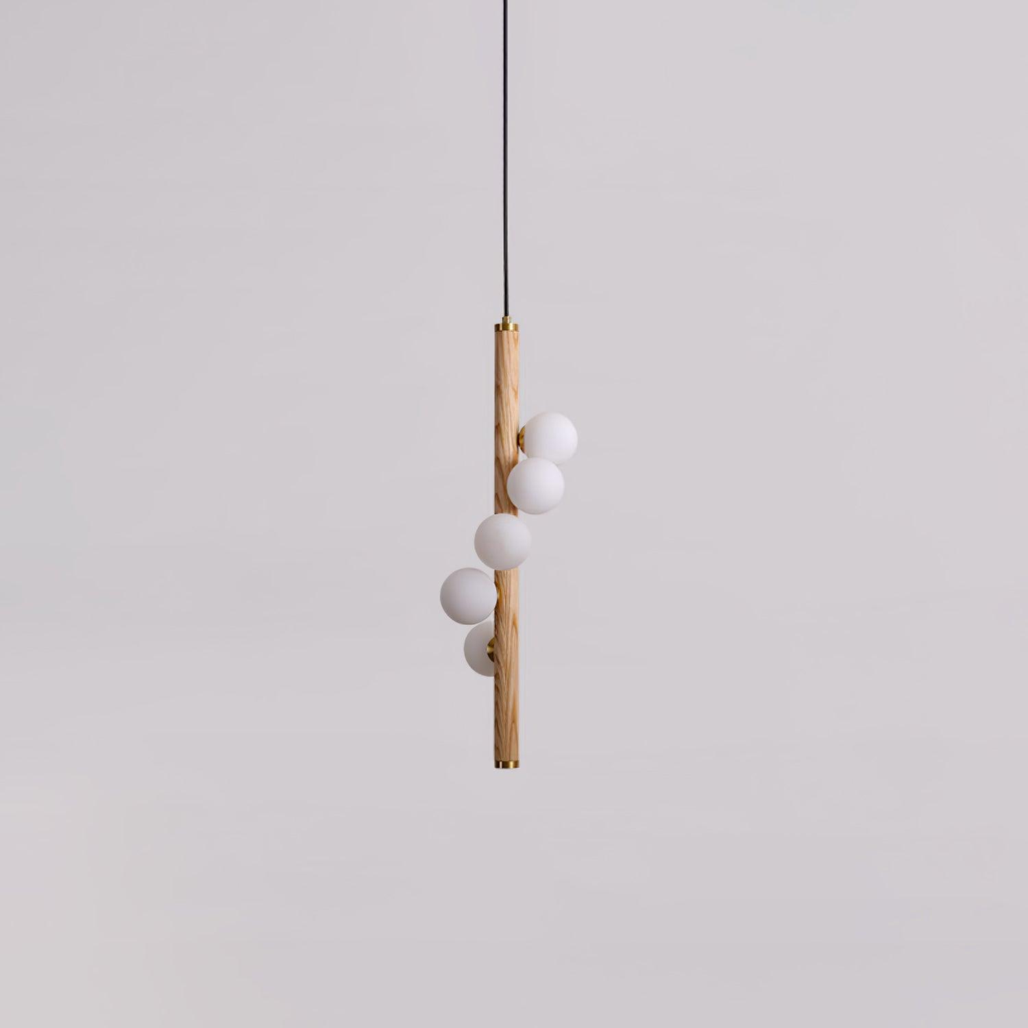 Scandinavian Vertical Wood Column Pendant Light with White Glass Orbs for Modern Home Decor