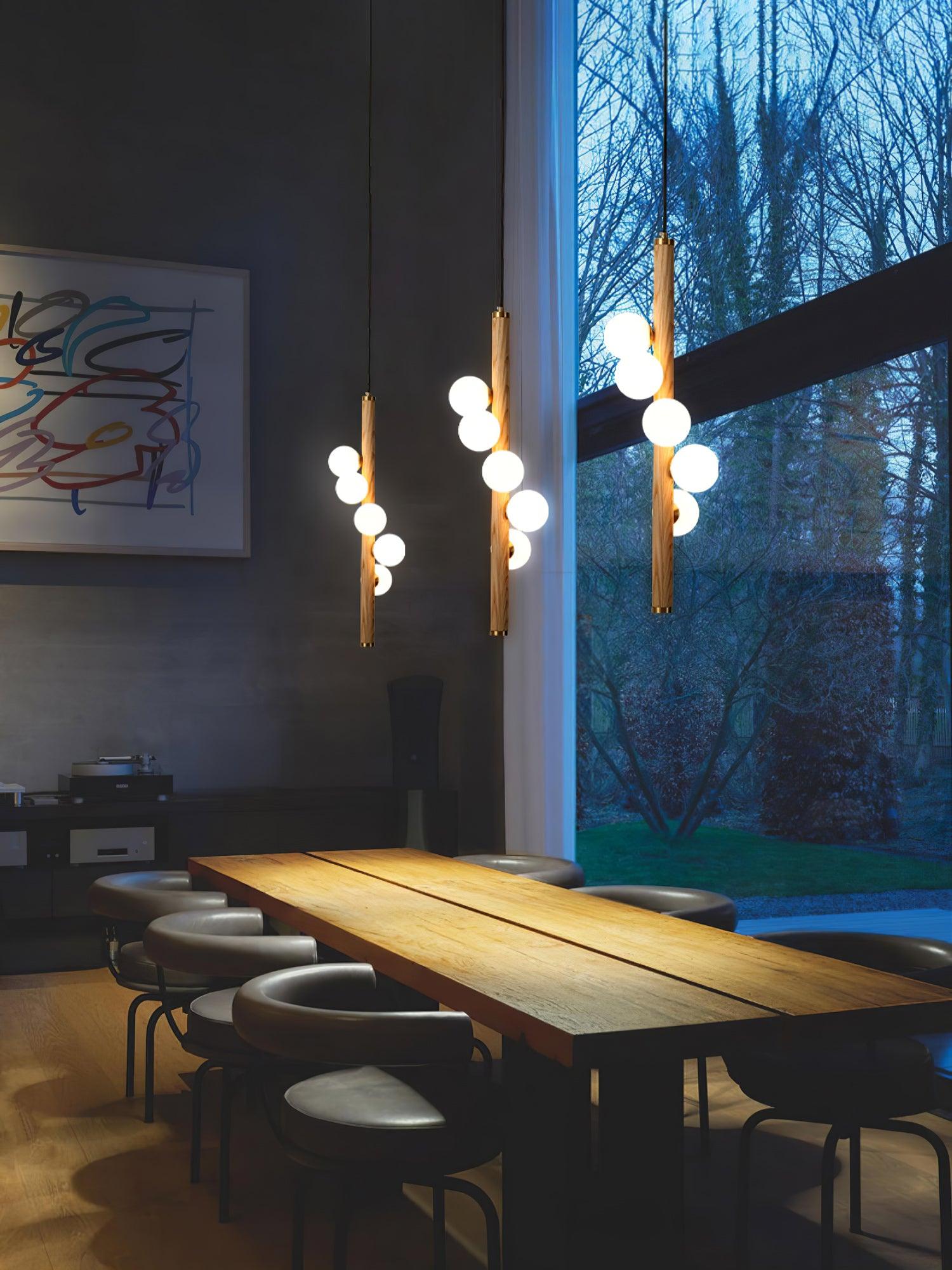 Scandinavian Vertical Wood Column Pendant Light with White Glass Orbs for Modern Home Decor