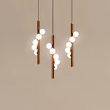 Scandinavian Vertical Wood Column Pendant Light with White Glass Orbs for Modern Home Decor