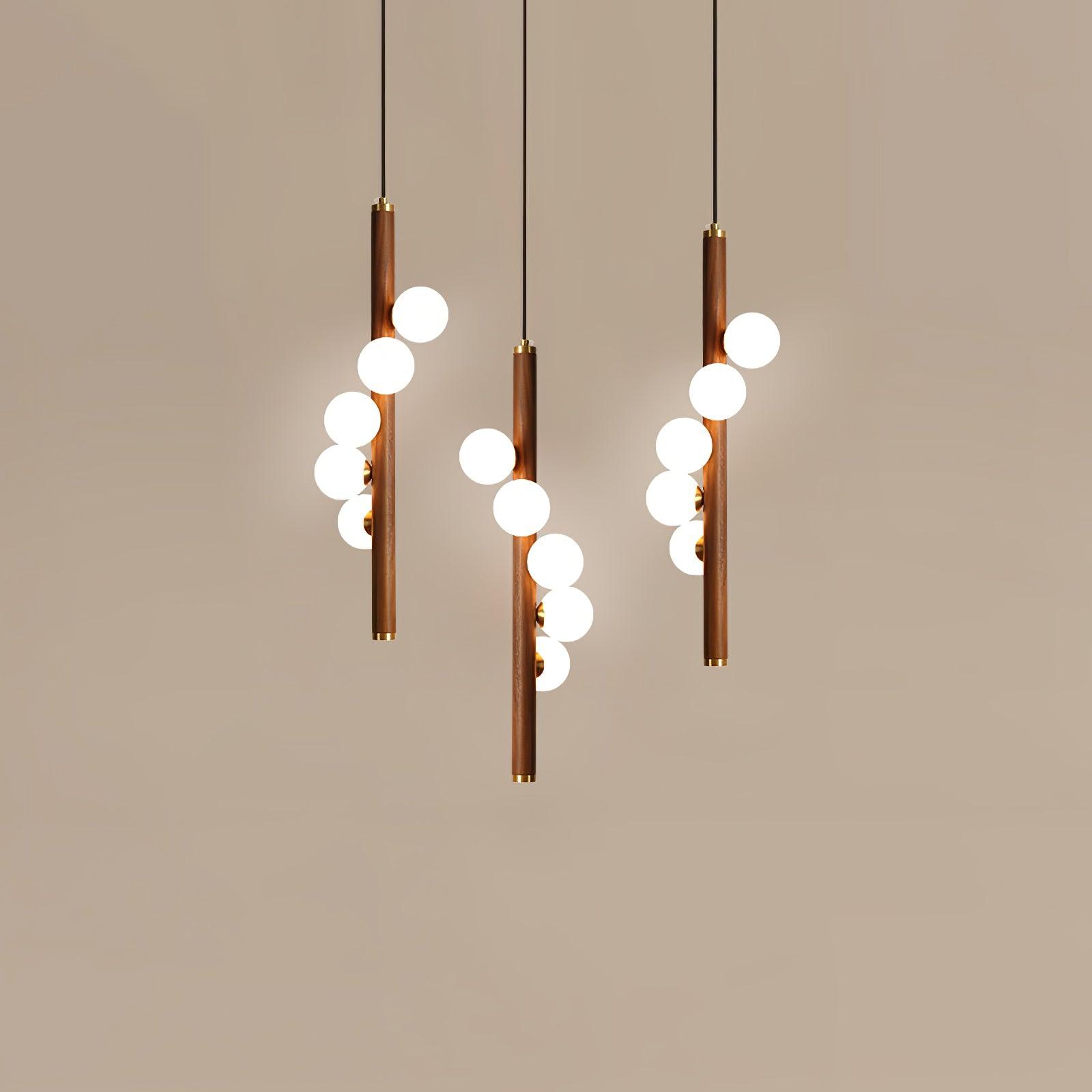 Scandinavian Vertical Wood Column Pendant Light with White Glass Orbs for Modern Home Decor