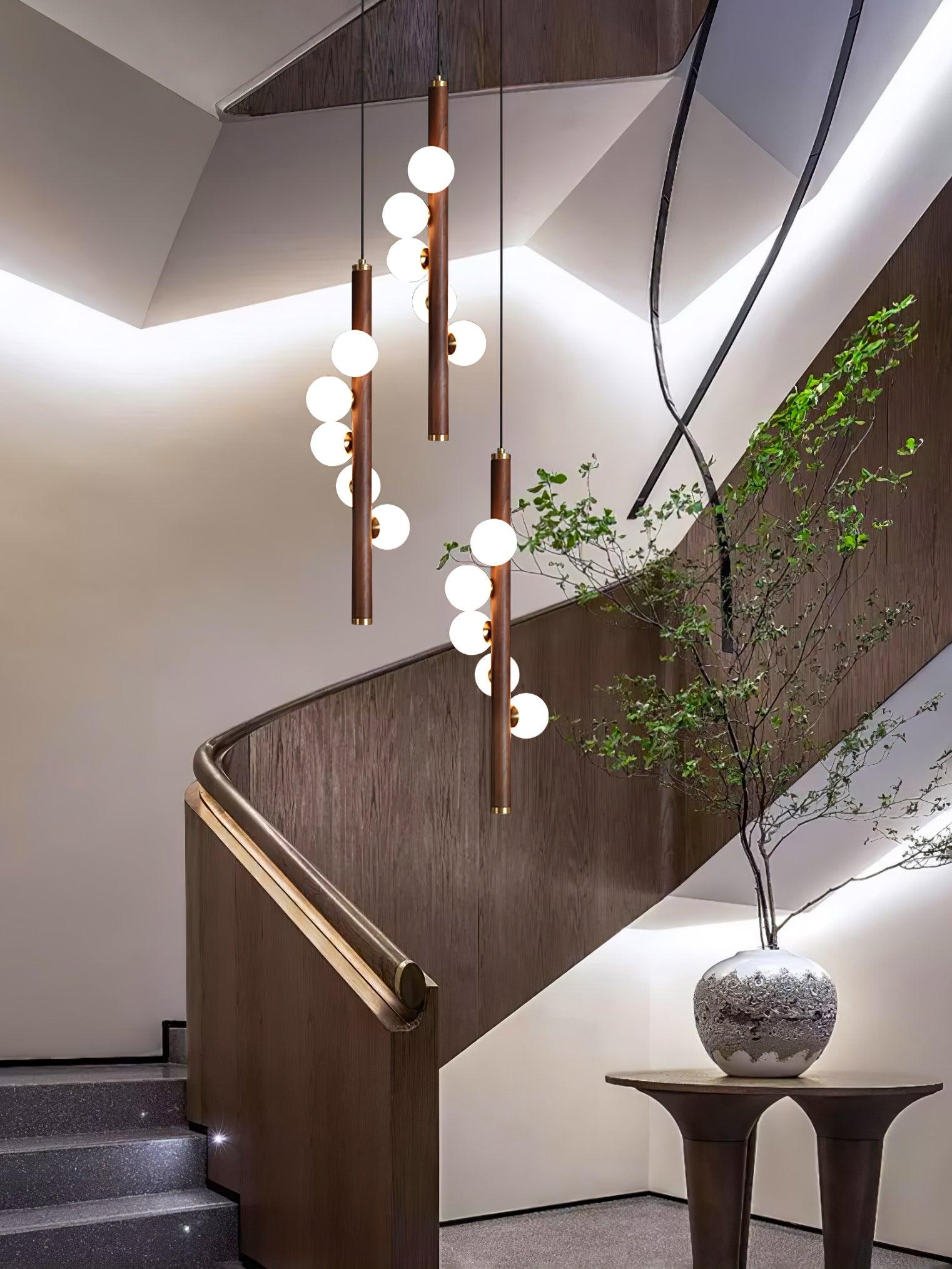 Scandinavian Vertical Wood Column Pendant Light with White Glass Orbs for Modern Home Decor