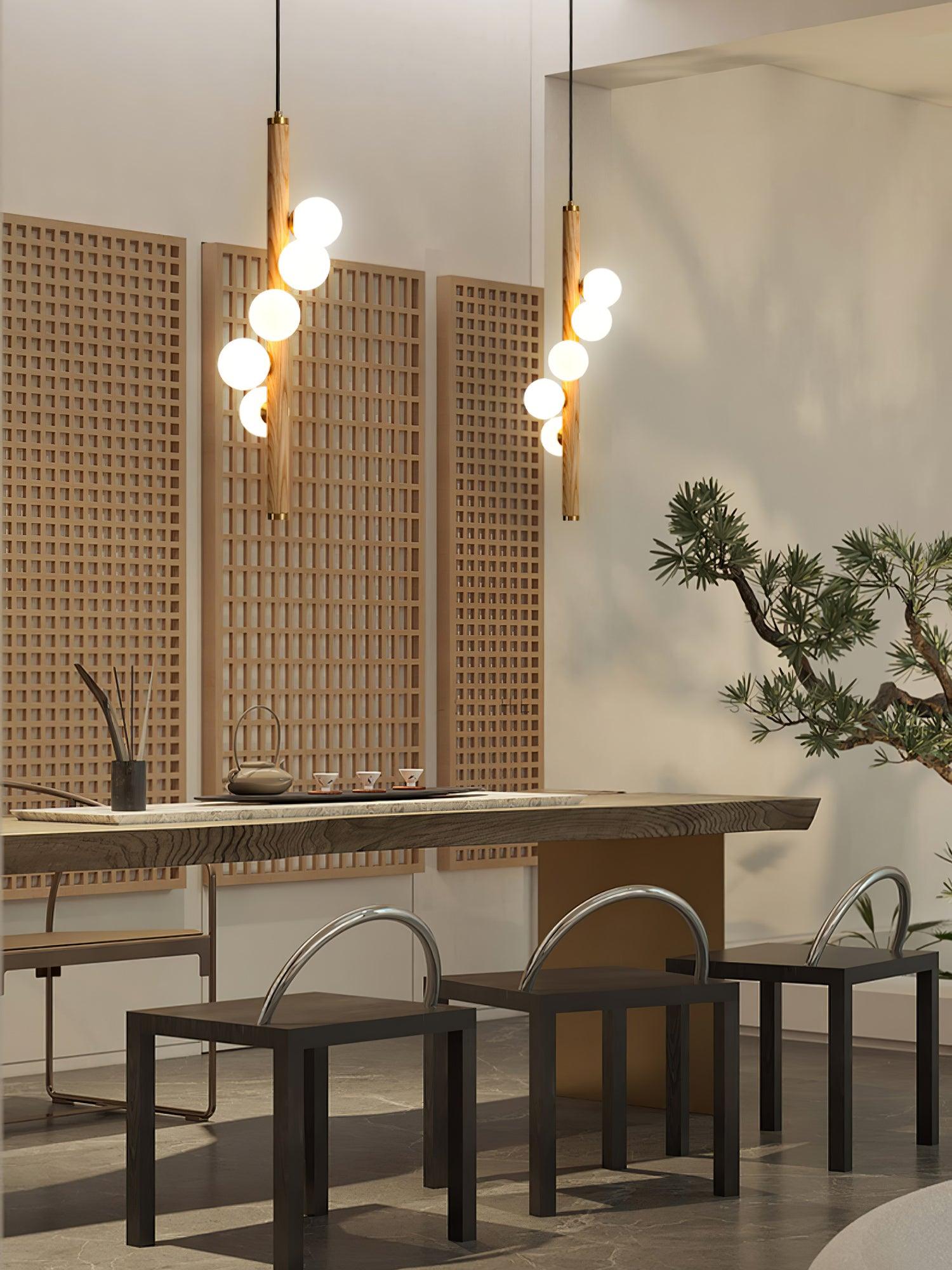 Scandinavian Vertical Wood Column Pendant Light with White Glass Orbs for Modern Home Decor