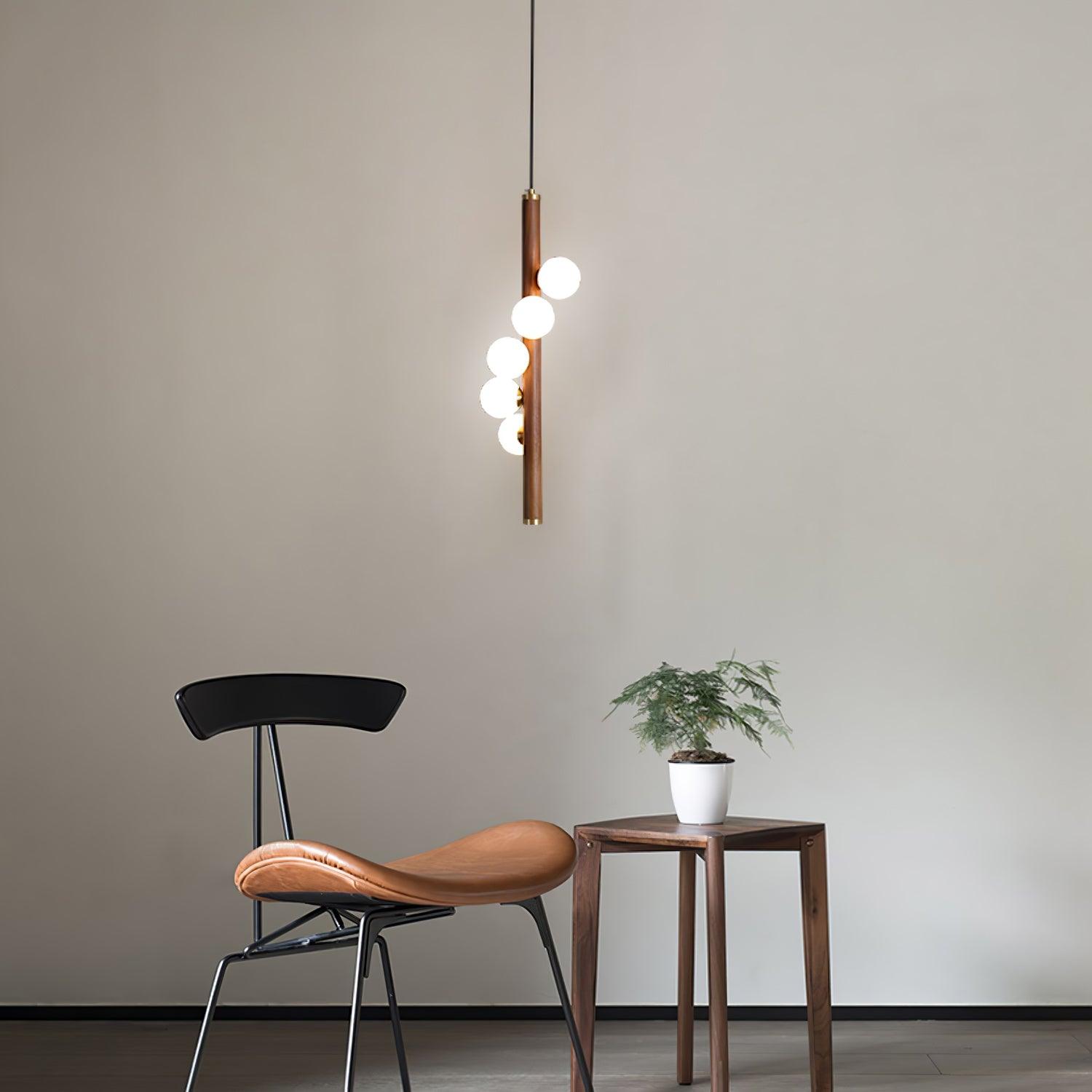 Scandinavian Vertical Wood Column Pendant Light with White Glass Orbs for Modern Home Decor