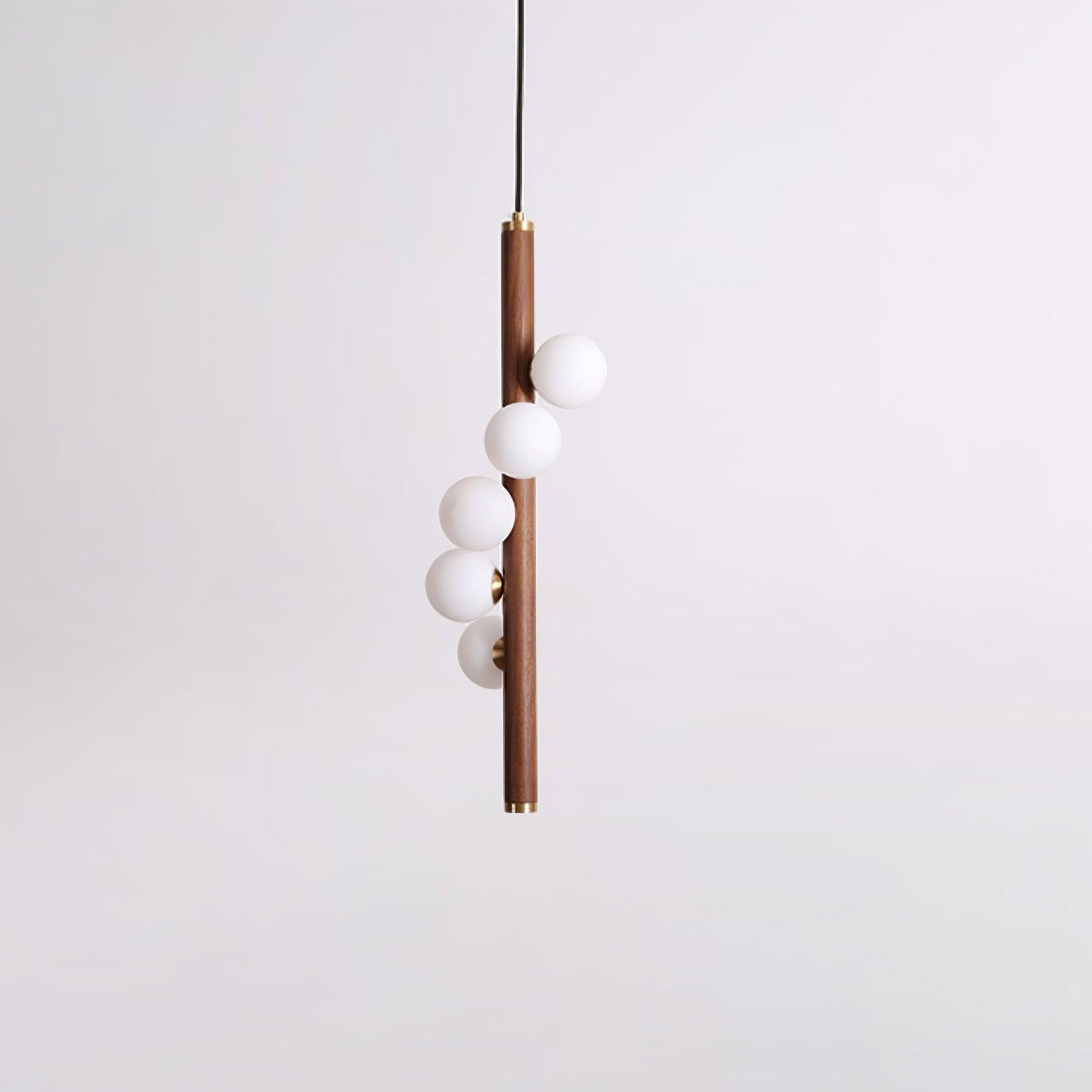 Scandinavian Vertical Wood Column Pendant Light with White Glass Orbs for Modern Home Decor